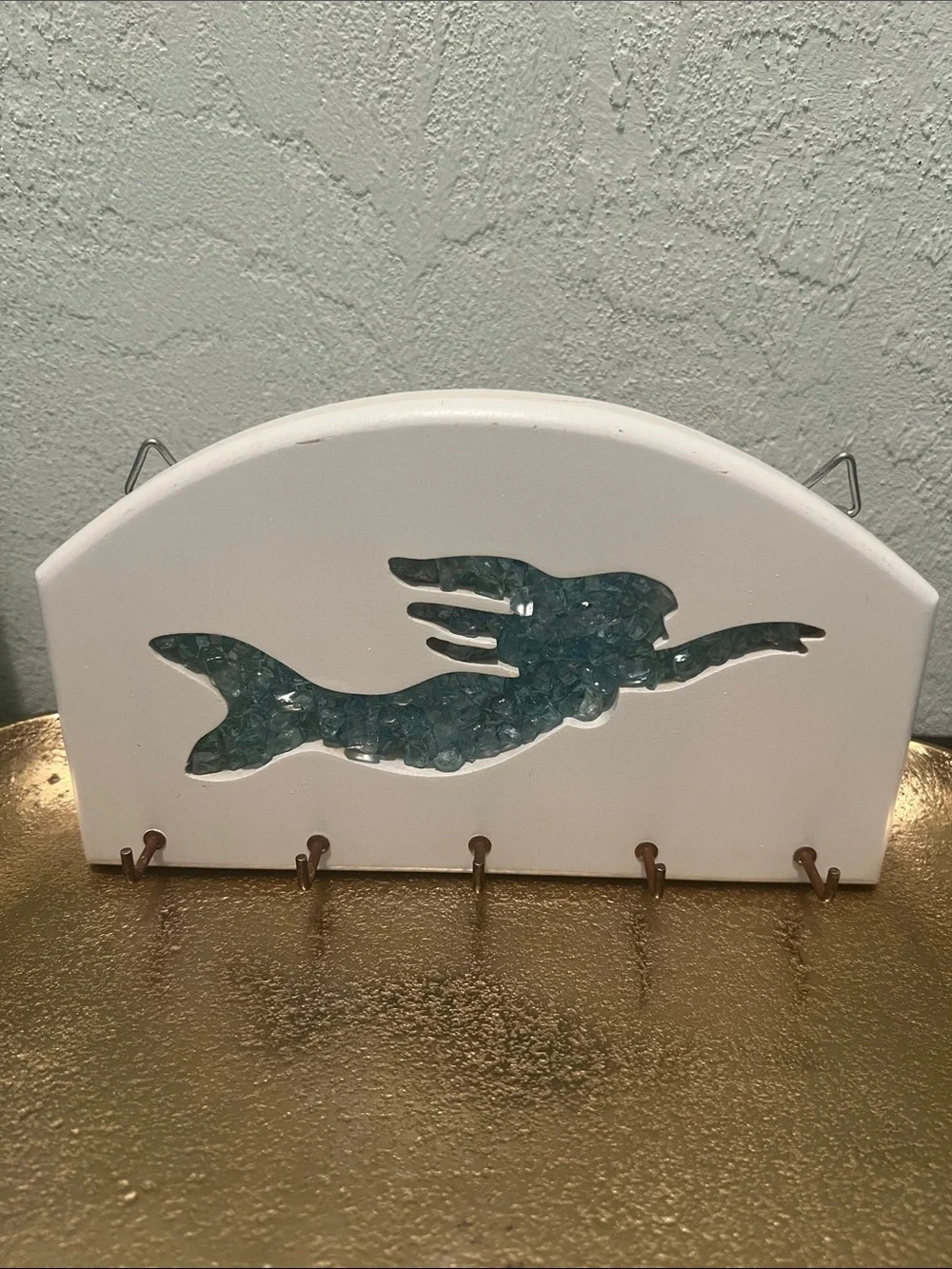 #2095**White Wall Key Rack with Teal Mermaid Inlay - Coastal Home Decor